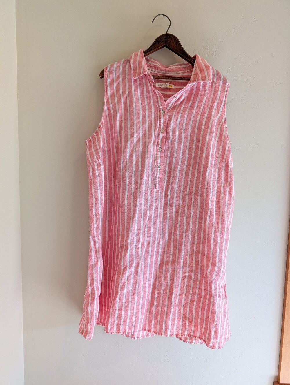 C&C California Pink and White Striped Linen Sleeveless Shirt Dress Women's 2X